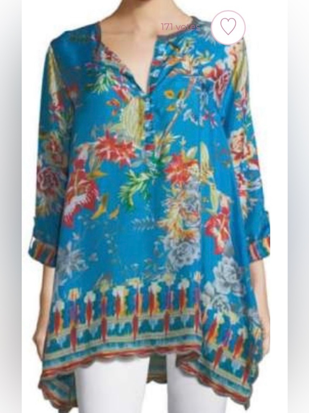 Johnny Was Mala Floral Printed Georgette 100% Silk Roll Tab Blouse/Tunic Sz M